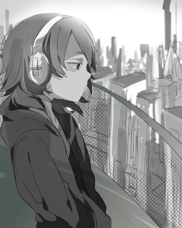 1boy cityscape headphones inazuma_eleven_(series) inazuma_eleven_go kariya_masaki male_focus monochrome profile shirota69 sketch solo