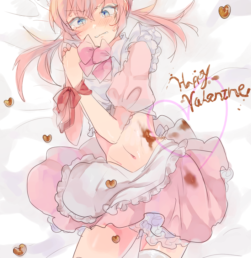 1boy blue_eyes blush bound_wrists chocolate chocolate_heart crossdressinging english happy_valentine heart inazuma_eleven_(series) inazuma_eleven_go kirino_ranmaru long_hair male_focus midriff navel pink_hair puffy_short_sleeves puffy_sleeves ribbon shirota69 short_sleeves skirt solo tears thigh-highs twintails valentine white_legwear