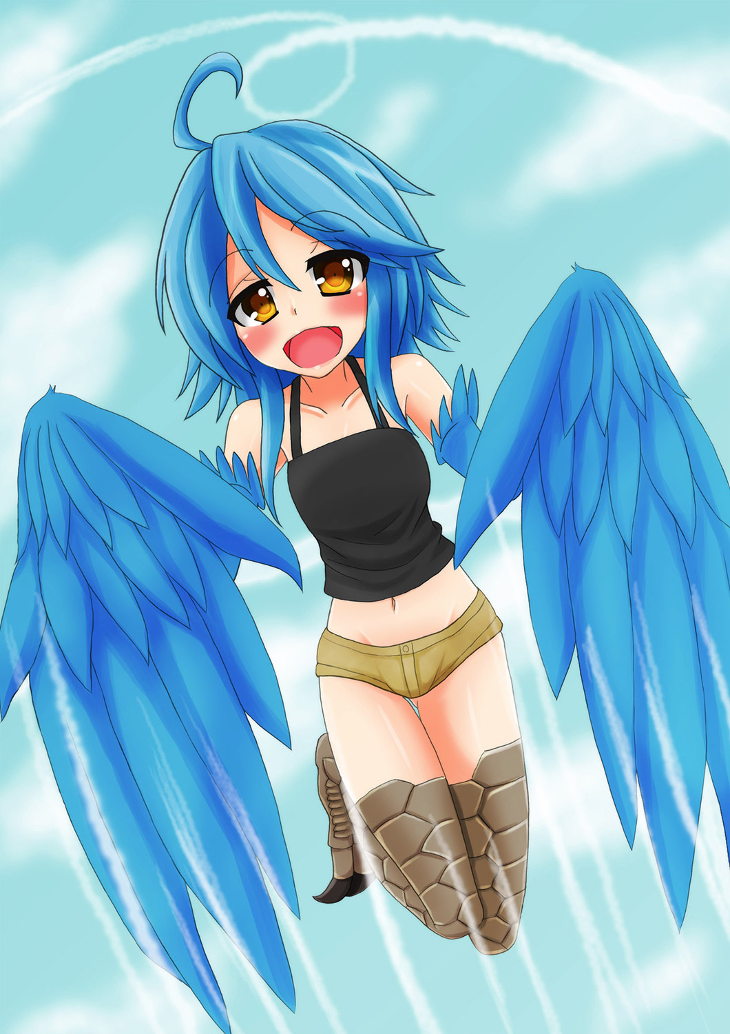 1girl :d ahoge blue_hair blush camisole clouds condensation_trail feathered_wings flying full_body happy harpy highres monster_girl monster_musume_no_iru_nichijou navel open_mouth papi_(monster_musume) shodai_werihito short_shorts shorts sky smile solo talons wings yellow_eyes