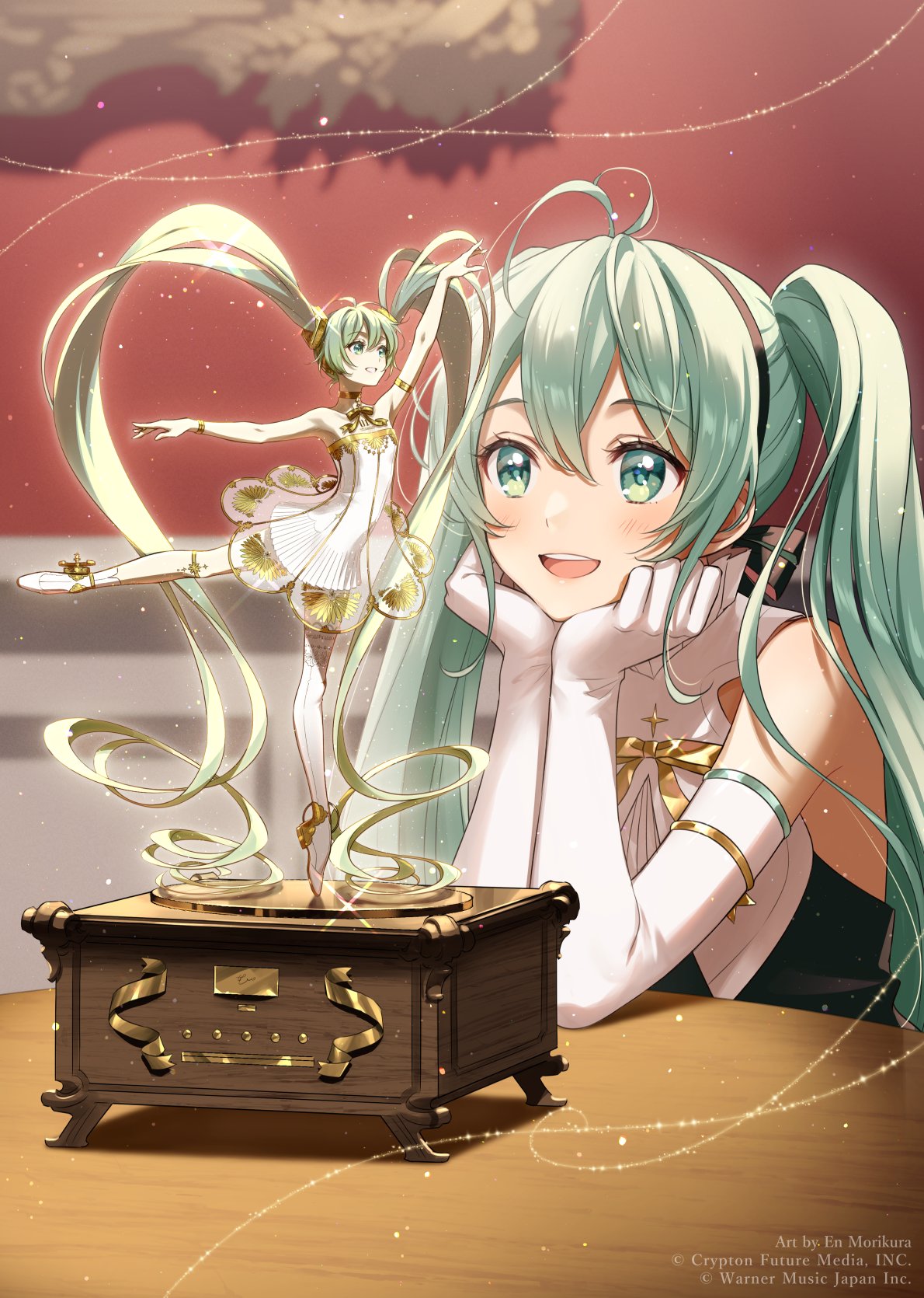1girl :d antenna_hair aqua_eyes aqua_hair armlet armpits arms_up artist_name bare_shoulders blush collarbone company_name dress elbow_gloves gloves hands_on_own_cheeks hands_on_own_face hatsune_miku highres long_hair miku_symphony_(vocaloid) morikura_en number official_art open_mouth ribbon round_teeth see-through single_thighhigh smile solo sparkle strapless strapless_dress table teeth thigh-highs thighlet tiptoes twintails upper_body upper_teeth very_long_hair vocaloid white_dress white_gloves white_legwear yellow_ribbon
