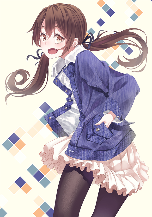 1girl bangs black_legwear blue_jacket blush brown_eyes brown_hair buttons fang frilled_skirt frills fur_trim hair_ribbon hand_in_pocket jacket looking_at_viewer low_twintails open_clothes open_jacket open_mouth original pantyhose raised_eyebrows ribbon simple_background skirt solo soujun7023 twintails