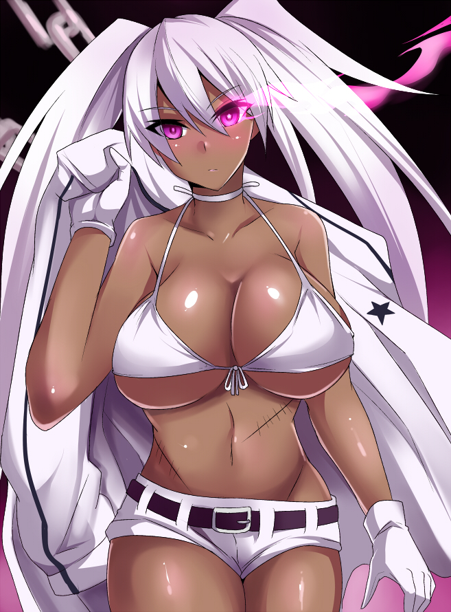 1girl belt bikini_top black_rock_shooter breasts carrying_over_shoulder dark_skin dark_skin_female gloves glowing glowing_eye jacket large_breasts long_hair looking_at_viewer glasses_man midriff navel patches shorts solo twintails violet_eyes white_gloves white_hair white_jacket white_rock_shooter