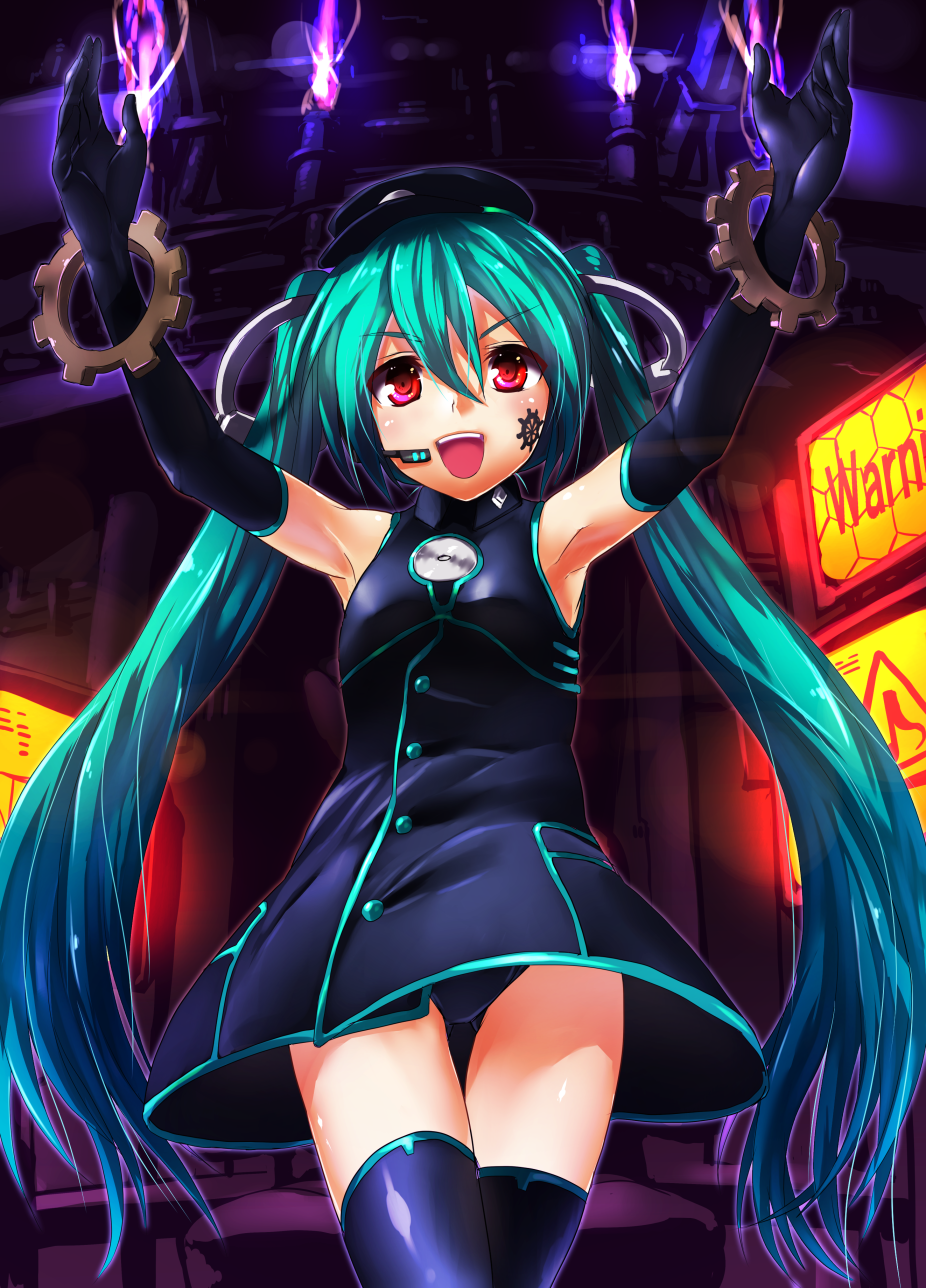1girl aqua_hair bare_shoulders black_dress black_gloves black_hair black_legwear dress elbow_gloves flame gears gloves hat hatsune_miku headset highres machinery magu_(mugsfc) open_mouth panties pantyshot pantyshot_(standing) project_diva project_diva_f red_eyes revision sadistic_music_factory_(vocaloid) sleeveless sleeveless_dress smile solo standing tattoo thighhighs twintails underwear vocaloid