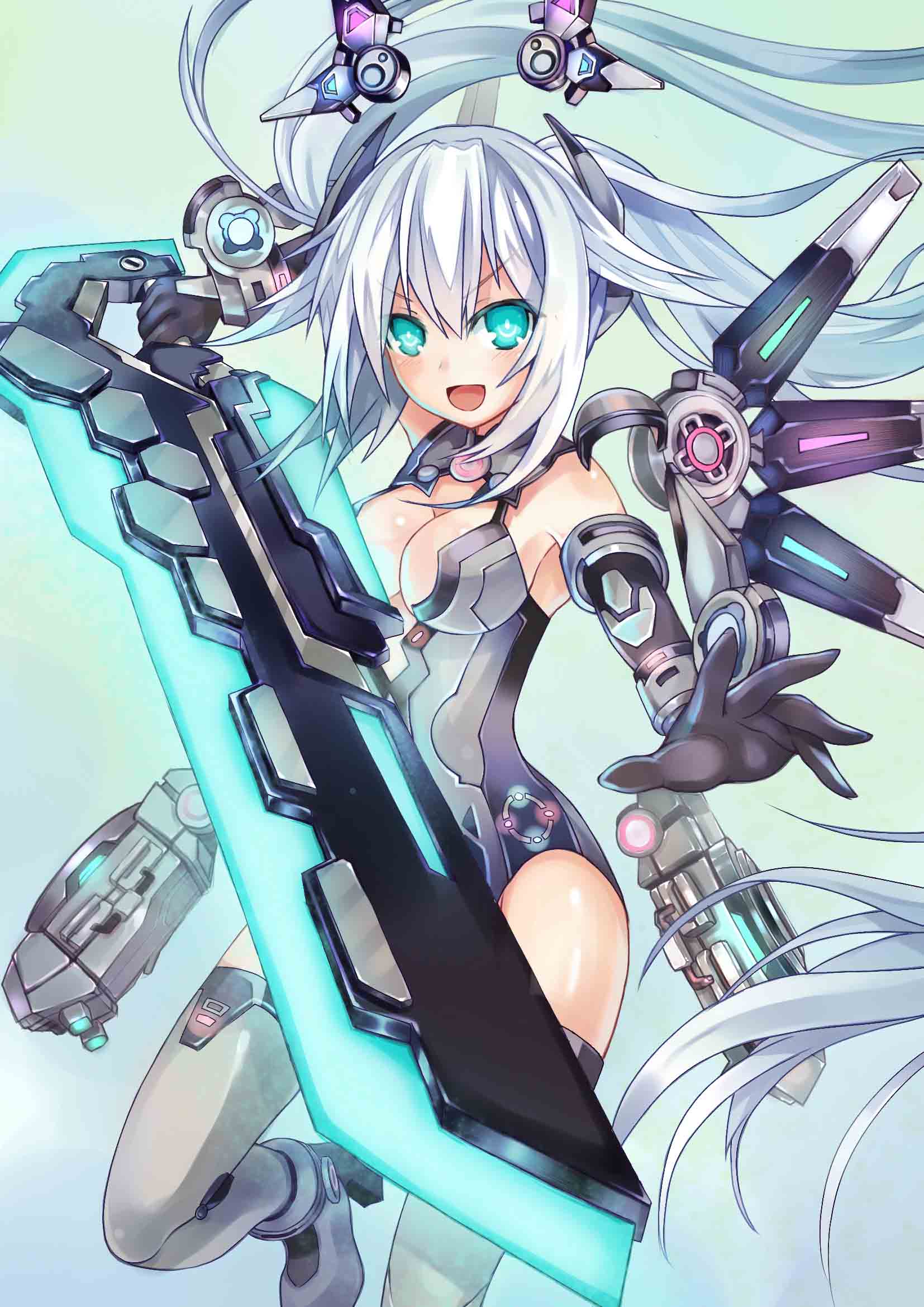 1girl :d aqua_eyes bare_shoulders black_gloves black_heart breasts choujigen_game_neptune cleavage commentary gloves highres jpeg_artifacts long_hair looking_at_viewer neptune_(series) noire open_mouth smile solo sword sxbzero twintails weapon white_hair