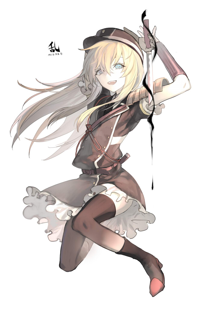 1boy androgynous belt black_legwear blonde_hair blue_eyes boots character_name crossdressinging double-breasted dress hat high_heels long_hair lor968 male_focus midare_toushirou military military_uniform necktie open_mouth sheath simple_background sode solo tantou thighhighs touken_ranbu trap uniform white_background