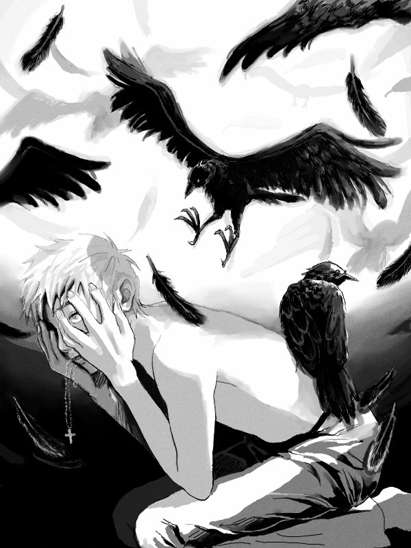 1boy bird bird_on_back black_feathers copyright_request cross cross_necklace crow face_in_hands from_side greyscale holding_head holding_necklace looking_up monochrome pants re:i shaded_face solo topless white_hair