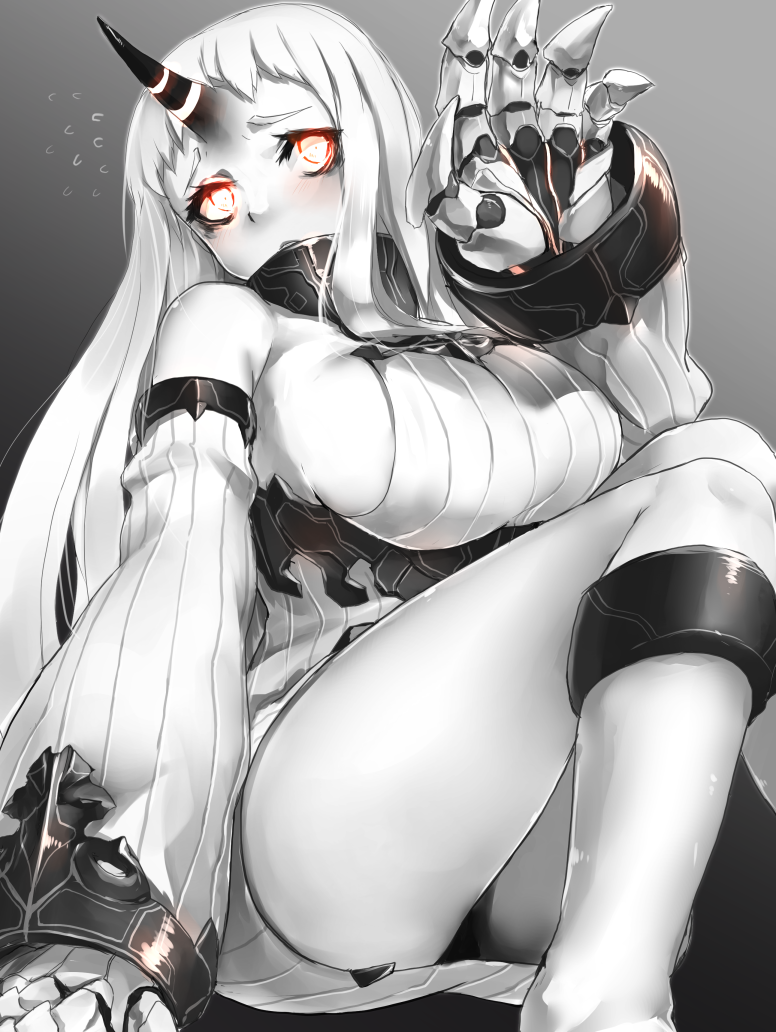 1girl bare_shoulders blush boots breasts claws detached_collar dress glowing glowing_eyes horn kantai_collection large_breasts long_hair magu_(mugsfc) pale_skin panties red_eyes ribbed_dress seaport_hime shinkaisei-kan sideboob sitting solo underwear white_boots