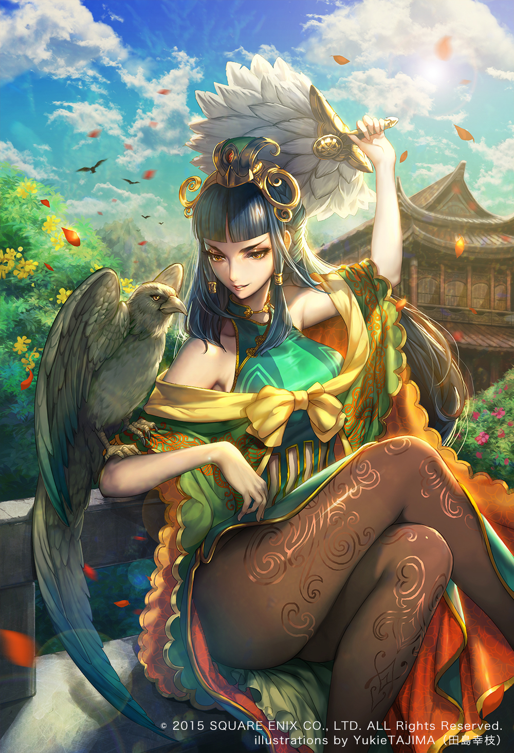 1girl 2015 architecture bangs bare_shoulders bird bird_on_arm blue_hair blunt_bangs braid chinese_architecture chinese_clothes clouds crossed_legs east_asian_architecture fan genderswap headgear highres lens_flare official_art original pantyhose petals romance_of_the_three_kingdoms sangokushi_ranbu sitting sky smile solo square_enix tajima_yukie thighs yellow_eyes zhuge_liang