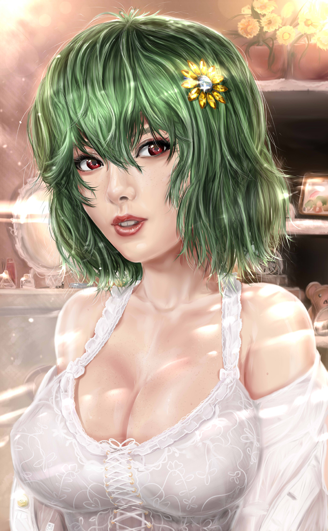 1girl backlighting book_stack bottle breasts chest_of_drawers cleavage clock collarbone corset eyebrows eyelashes eyeshadow floral_print flower_pot freckles green_hair hair_ornament indoors kazami_yuuka large_breasts light lips lipstick looking_to_the_side lotion_bottle makeup mightyhonk mirror nose off_shoulder perfume_bottle photo_(object) plant potted_plant realistic red_eyes red_lipstick room shelf shiny shiny_hair shiny_skin short_hair solo stuffed_animal stuffed_toy sunflower_hair_ornament teddy_bear teeth touhou undressing wavy_hair wriggle_nightbug