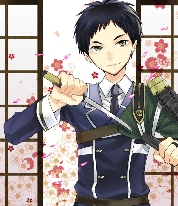 1boy atsushi_toushirou black_hair flower kuronomine male_focus military military_uniform necktie petals short_sword smile sode sword tantou touken_ranbu uniform weapon yellow_eyes