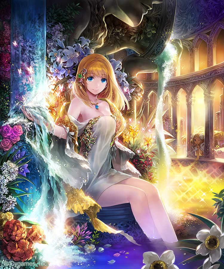 2girls architecture armpits bare_shoulders bath berries blonde_hair blue_eyes butterfly colorful column cygames flower fountain glowing hair_ornament hakou_(barasensou) hiding indoors jewelry long_hair looking_at_viewer multiple_girls necklace one_eye_closed partially_submerged petals pillar robe shingeki_no_bahamut smile sparkle sunlight towel water water_drop