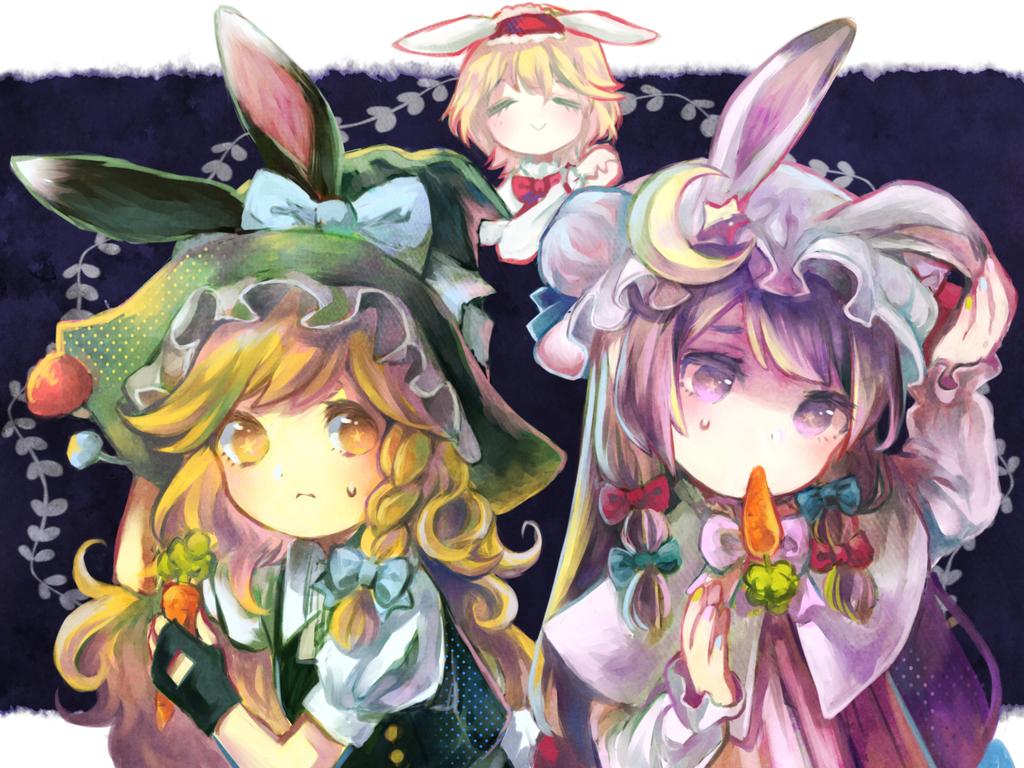 3girls alice_margatroid animal_ears animal_hat black_gloves blonde_hair bow braid capelet carrot closed_eyes crescent fake_animal_ears fingerless_gloves gloves hair_bow hair_ornament hairband hat hat_bow kirisame_marisa long_hair long_sleeves looking_at_another mob_cap mouth_hold multiple_girls mushroom patchouli_knowledge puffy_sleeves purple_hair rabbit_ears sanso shirt short_hair short_sleeves side_braid single_braid skirt smile sweatdrop touhou vest violet_eyes witch_hat yellow_eyes