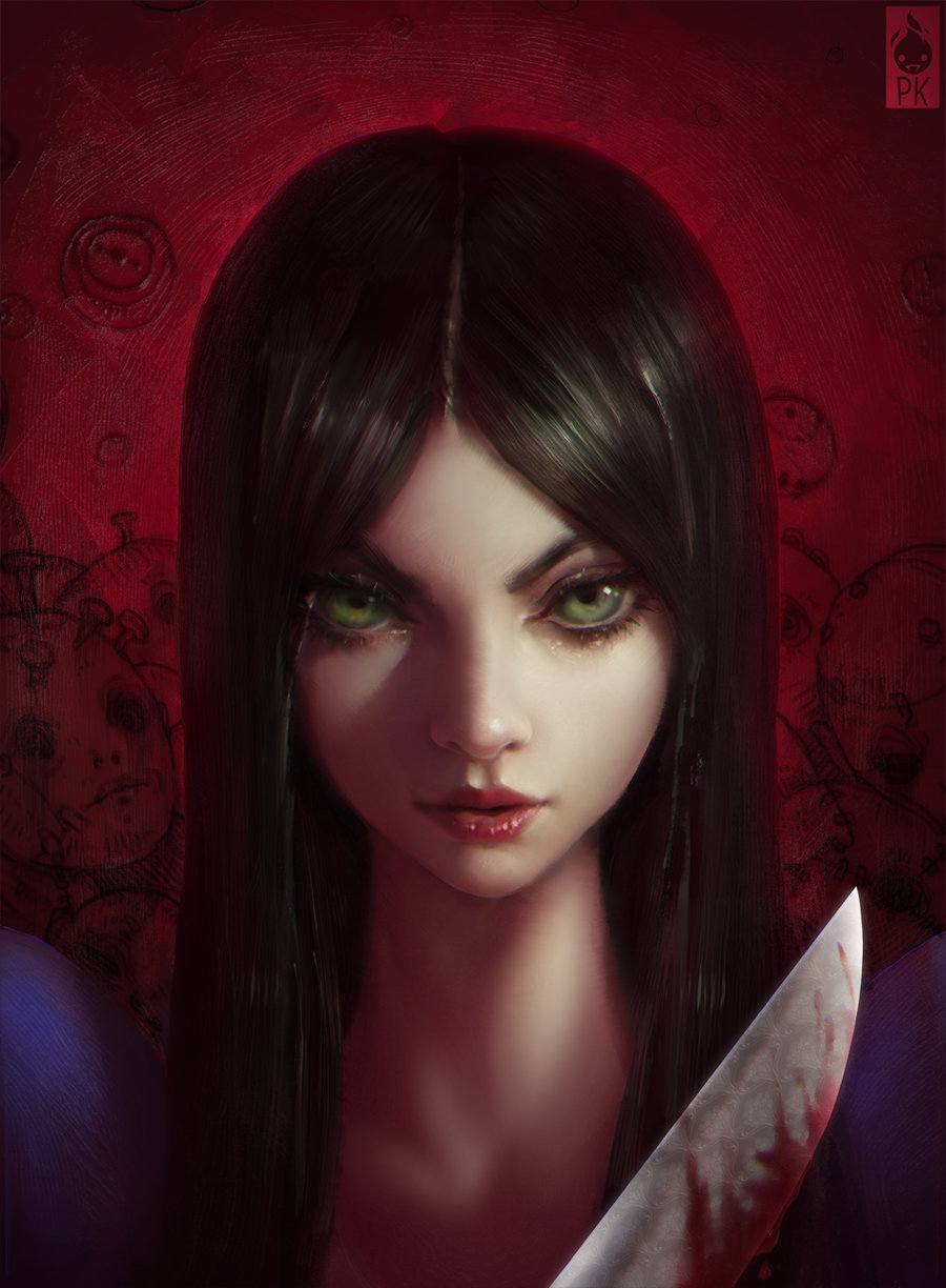 1girl alice:_madness_returns alice_(wonderland) alice_in_wonderland american_mcgee's_alice black_hair blood close-up dress face green_eyes highres knife lips long_hair looking_at_viewer paul_kwon photorealistic realistic smile solo weapon