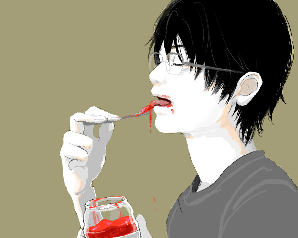 1boy black_hair bruise closed_eyes dripping eating from_side glasses grey-framed_glasses injury jar oekaki original re:i simple_background solo spoon spot_color tan_background tongue tongue_out upper_body