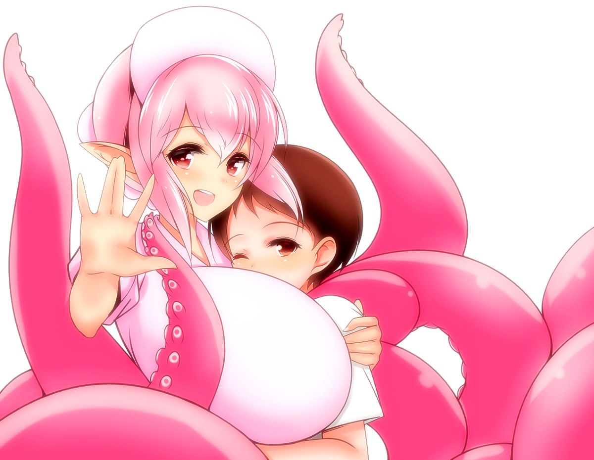 1boy 1girl :d \||/ age_difference breast_smother breasts brown_eyes brown_hair hat hug huge_breasts hurutanuki monster_girl nurse nurse_cap one_eye_closed open_mouth original pink pink_hair pointy_ears red_eyes scylla short_hair simple_background smile tentacles white_background