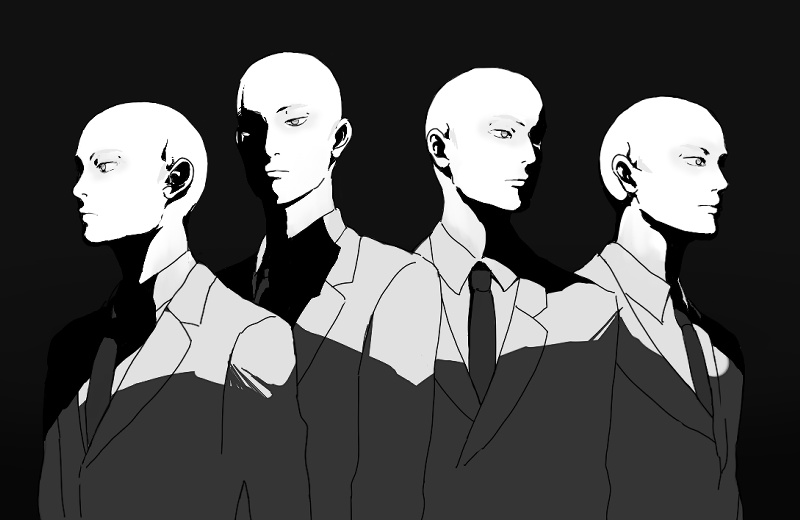 4boys bald black_background blending contrast copyright_request formal greyscale monochrome multiple_boys necktie re:i shaded_face side-by-side simple_background suit