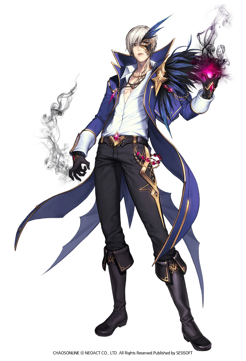 1boy akiro black_gloves boots chaos_heroes_online company_name copyright_name full_body gem gloves grey_eyes grey_hair highres jacket jewelry love_cacao mask necklace official_art open_clothes open_jacket pants short_hair simple_background solo standing tattoo white_background