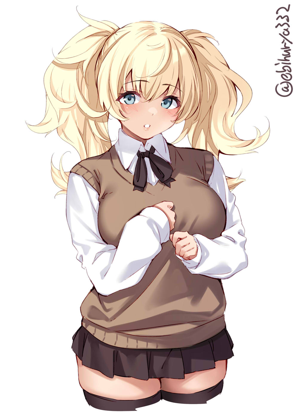 1girl alternate_costume blonde_hair blue_eyes blush breasts brown_sweater_vest collared_shirt cowboy_shot ebifurya gambier_bay_(kancolle) highres kantai_collection large_breasts light_blush long_hair long_sleeves looking_at_viewer neck_ribbon pleated_skirt ribbon school_uniform shirt skirt sweater_vest thigh-highs twintails twitter_username uniform white_background white_shirt