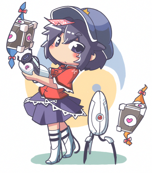 1girl aperture_science_advanced_knee_replacement aperture_science_handheld_portal_device blue_eyes blue_hair gap hat heart hekoningyou_(waraningyou) jiangshi miyako_yoshika ofuda portal short_hair solo star touhou turret_(portal) weighted_companion_cube yin_yang