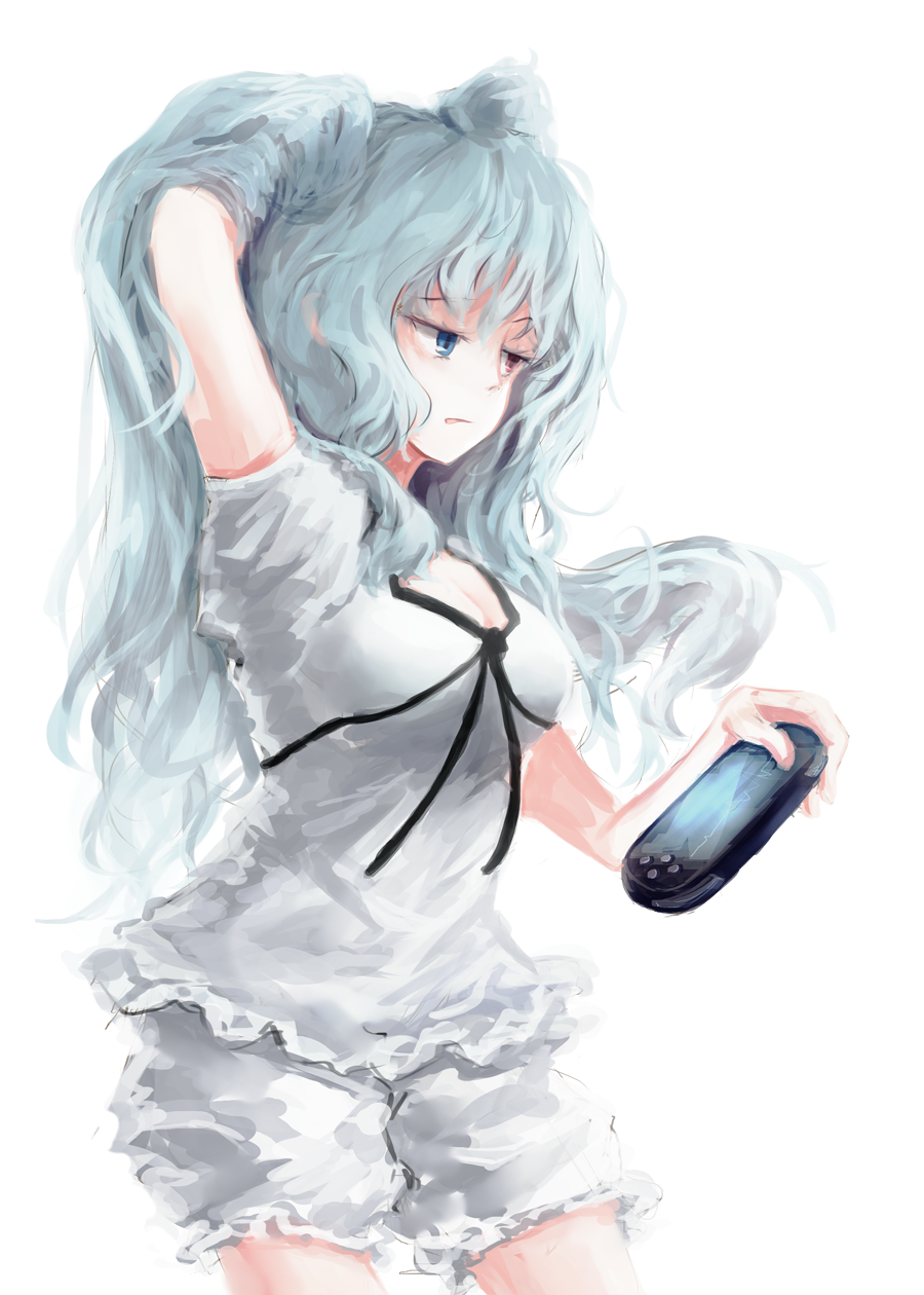 1girl blue_eyes blue_hair comic hand_in_hair heterochromia highres holding long_hair open_mouth playstation_portable puffy_short_sleeves puffy_sleeves red_eyes short_sleeves simple_background solo tokyo_ghoul tokyo_ghoul:re toron_(trr_cmb) twintails white_background yonebayashi_saiko