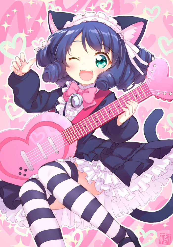 1girl ;d animal_ears bell black_hair blush bow cat_ears cat_tail curly_hair cyan_(show_by_rock!!) dress fangs guitar hairband instrument jingle_bell kito_(sorahate) looking_at_viewer one_eye_closed open_mouth show_by_rock!! smile solo striped striped_legwear tail thigh-highs