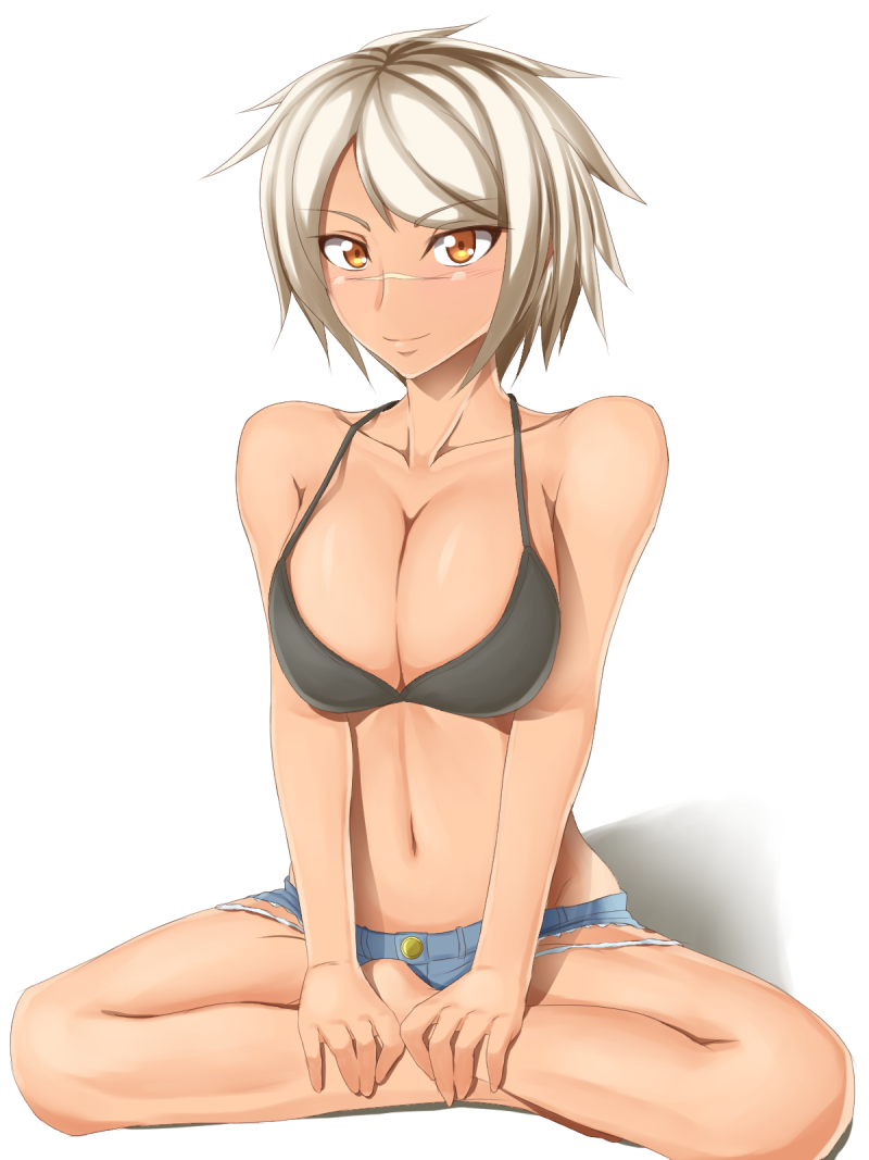 1girl barefoot blazblue blazblue:_chronophantasma breasts bullet_(blazblue) cleavage hands_on_feet indian_style large_breasts looking_at_viewer scar shaito short_hair shorts simple_background sitting smile solo white_background white_hair yellow_eyes