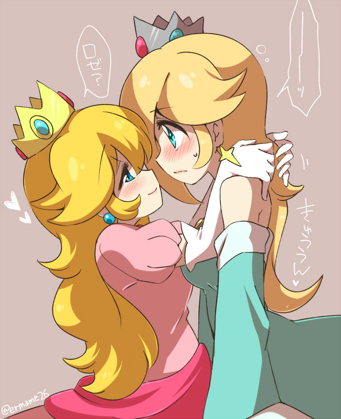 2girls aqua_dress bare_shoulders blonde_hair blue_eyes crown dress earrings elbow_gloves eromame eye_contact gloves incipient_kiss jewelry long_hair long_sleeves looking_at_another super_mario_bros. multiple_girls pink_dress princess_peach puffy_short_sleeves puffy_sleeves rosetta_(mario) short_sleeves super_mario_bros. super_mario_galaxy translated white_gloves wide_sleeves yuri