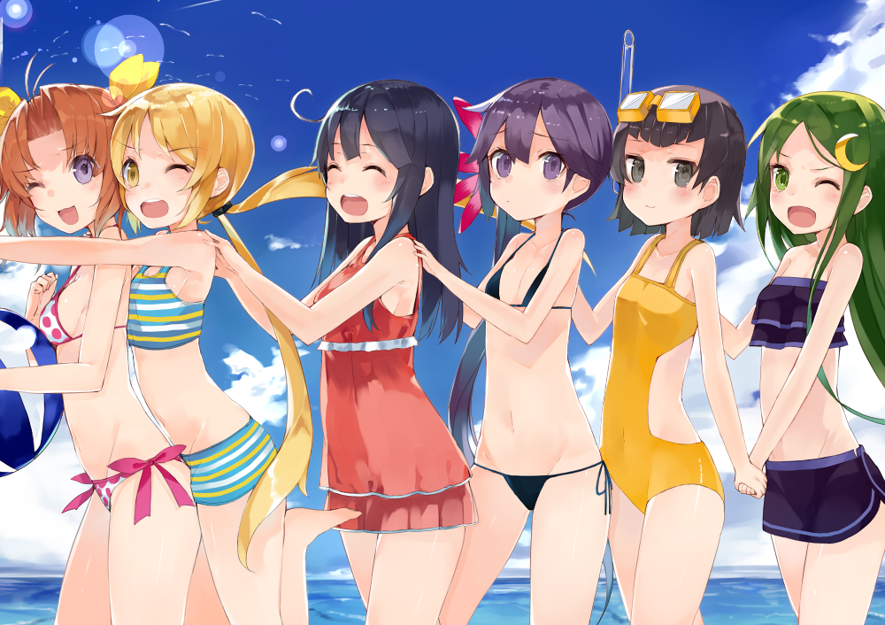 6+girls :d ;d ^_^ akebono_(kantai_collection) arare_(kantai_collection) ball beachball bikini black_hair blonde_hair brown_hair casual_one-piece_swimsuit closed_eyes goggles green_eyes green_hair kagerou_(kantai_collection) kantai_collection kou_mashiro lineup long_hair multiple_girls nagatsuki_(kantai_collection) one-piece_swimsuit one_eye_closed open_mouth polka_dot polka_dot_bikini polka_dot_swimsuit purple_hair satsuki_(kantai_collection) short_hair side-tie_bikini smile strap_gap striped striped_bikini striped_swimsuit swimsuit twintails ushio_(kantai_collection) wince yellow_eyes