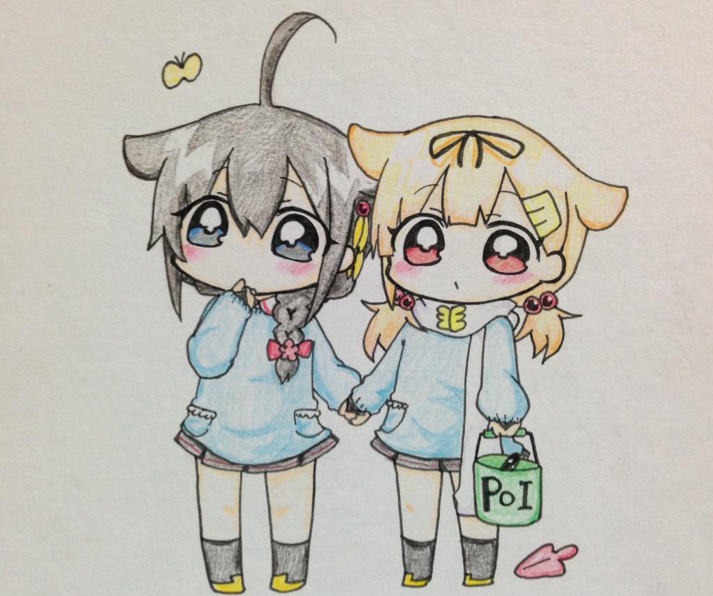 2girls ahoge alternate_costume alternate_hairstyle black_hair blonde_hair blue_eyes braid brown_eyes bucket closed_mouth commentary_request covered_mouth fingerless_gloves gloves hair_between_eyes hair_flaps hair_ornament hair_over_shoulder hairclip holding_hands jakoo21 kantai_collection long_hair long_sleeves multiple_girls remodel_(kantai_collection) scarf shigure_(kantai_collection) short_twintails twintails white_scarf yuudachi_(kantai_collection)