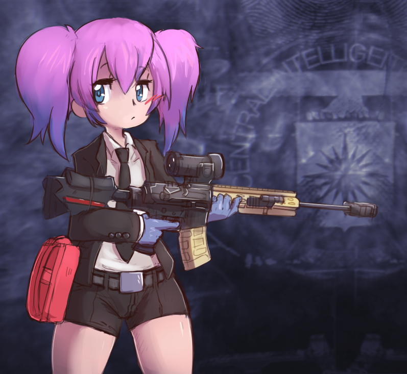 1girl blue_eyes blue_gloves foreling formal gloves gradient_hair gun latex_gloves multicolored_hair necktie payday_(series) payday_2 pink_hair rifle shirt short_hair shorts suit thighs twintails weapon