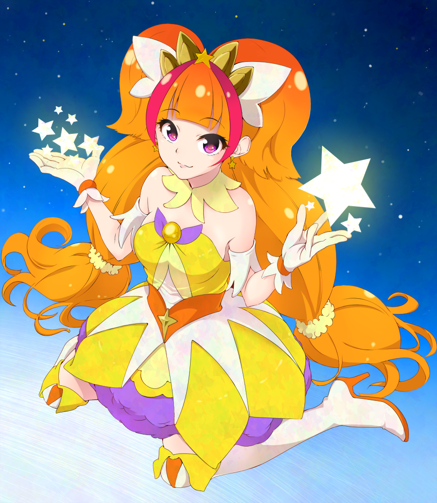 1girl amanogawa_kirara bare_shoulders boots brown_hair choker cure_twinkle dress earrings egooo gloves go!_princess_precure jewelry lips long_hair looking_at_viewer magical_girl multicolored_hair orange_hair precure sky smile solo star star_(sky) star_earrings starry_background starry_sky thigh-highs thigh_boots twintails two-tone_hair violet_eyes white_legwear