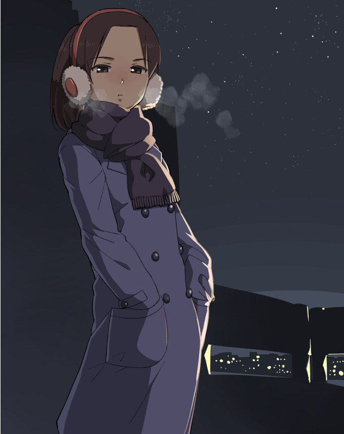 1girl :t brown_eyes brown_hair earmuffs hands_in_pockets looking_at_viewer ojisan_to_marshmallow scarf sky solo star_(sky) starry_sky toire_komoru trench_coat wakabayashi-san