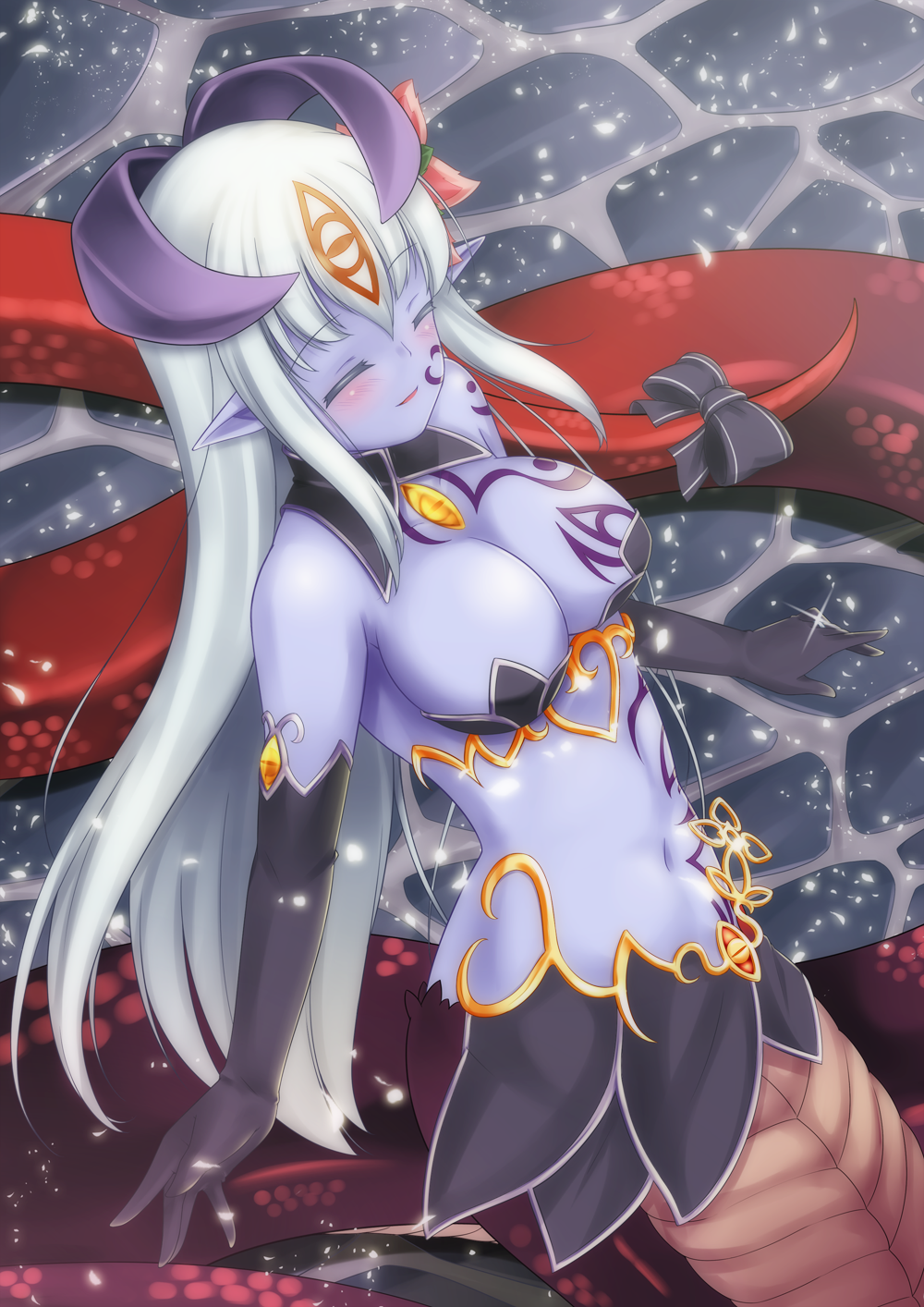 1girl alisfieze_fateburn_xvi blue_skin blush breasts cleavage closed_eyes cowboy_shot elbow_gloves facial_mark facial_tattoo flower forehead_mark gloves hair_flower hair_ornament highres horns lamia long_hair mon-musu_quest! monster_girl navel payot playjoe2005 pointy_ears scales smile solo tail_bow tattoo tattooed_breast white_hair