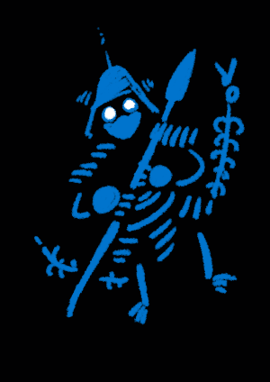 1boy armor black_background blue enemy_nagaeyari helmet historical_revisionist lowres male_focus monochrome polearm skeleton solo spear touken_ranbu weapon white_eyes yan'yo_(yan'yan'yo)