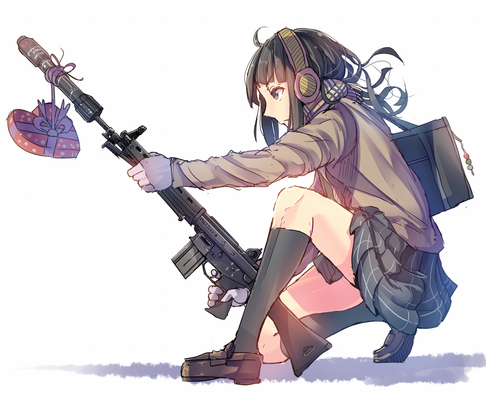 1girl assault_rifle bag black_hair box daito earmuffs gift gift_box grenade grenade_launcher gun heart-shaped_box howa_type_89 kneehighs kneeling loafers original rifle scarf shoes simple_background skirt solo weapon white_background