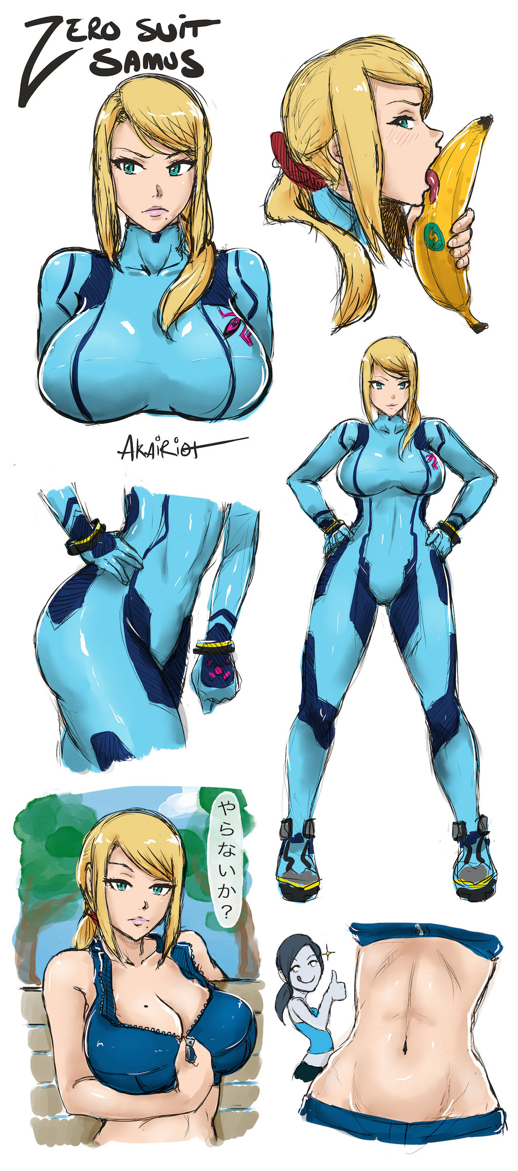 2girls akairiot aqua_eyes banana blonde_hair breasts character_name food fruit highres kuso_miso_technique large_breasts logo looking_at_viewer metroid midriff mole mole_under_mouth multiple_girls navel ponytail samus_aran sexually_suggestive signature simple_background sketch toned tongue unzipping wii_fit wii_fit_trainer yaranaika zero_suit