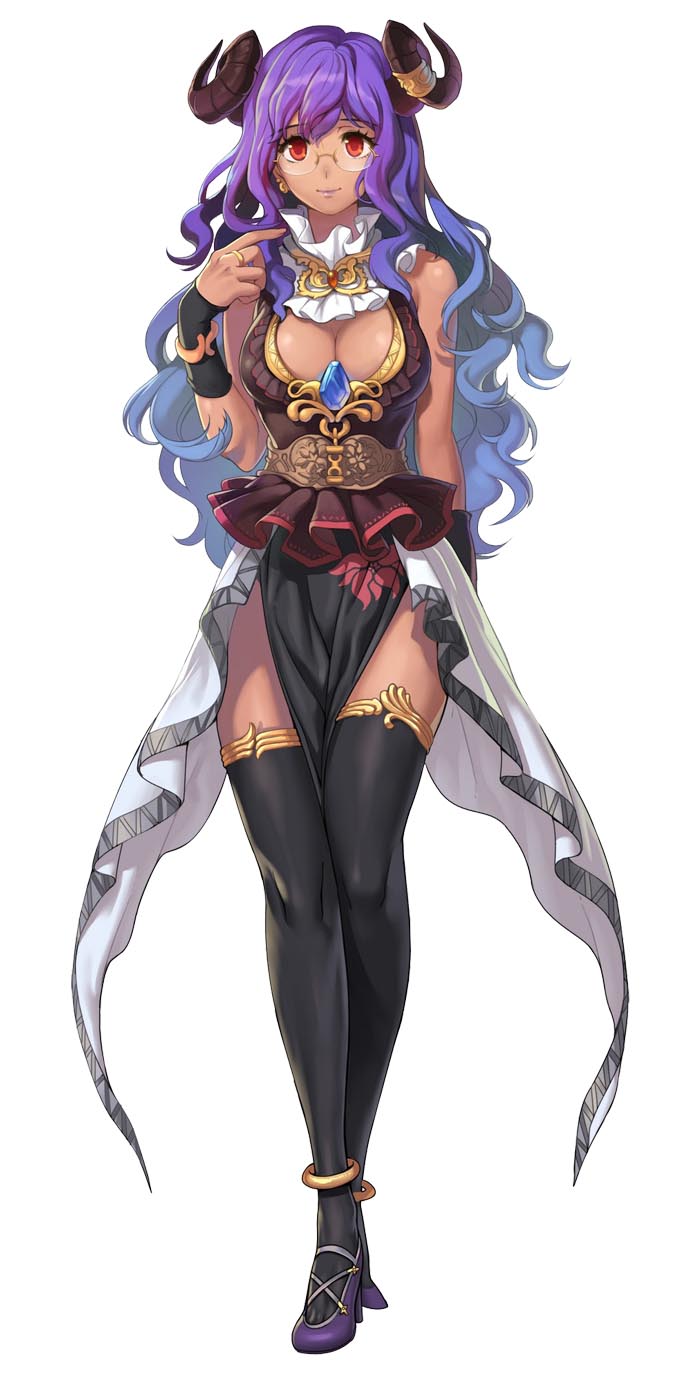 1girl amelia_(breath_of_fire) anklet bangs bare_shoulders belt black_legwear blue_hair bracelet breasts breath_of_fire breath_of_fire_6 cleavage cleavage_cutout cross-laced_footwear crossed_legs dark_skin dress earrings floral_print frills full_body gem glasses gradient_hair high_heels highres horn_ornament horns jewelry large_breasts light_smile lipstick looking_at_viewer makeup multicolored_hair neck_ring official_art purple_hair purple_lipstick red_eyes rimless_glasses ring shoes showgirl_skirt side_slit simple_background smile solo standing thigh-highs thighlet wavy_hair white_background wrist_cuffs