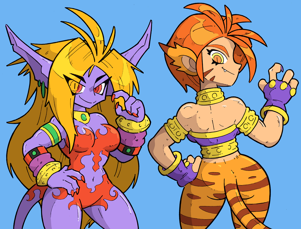 2girls animal_ears armlet ass bare_shoulders blonde_hair breasts breath_of_fire breath_of_fire_ii cat_ears cat_tail collar demon_girl demon_tail facial_mark fang fingernails gauntlets jewelry leotard long_fingernails long_hair monster_girl multiple_girls necklace purple_skin red_eyes redhead rinpoo_chuan shenanimation short_hair tail yellow_eyes