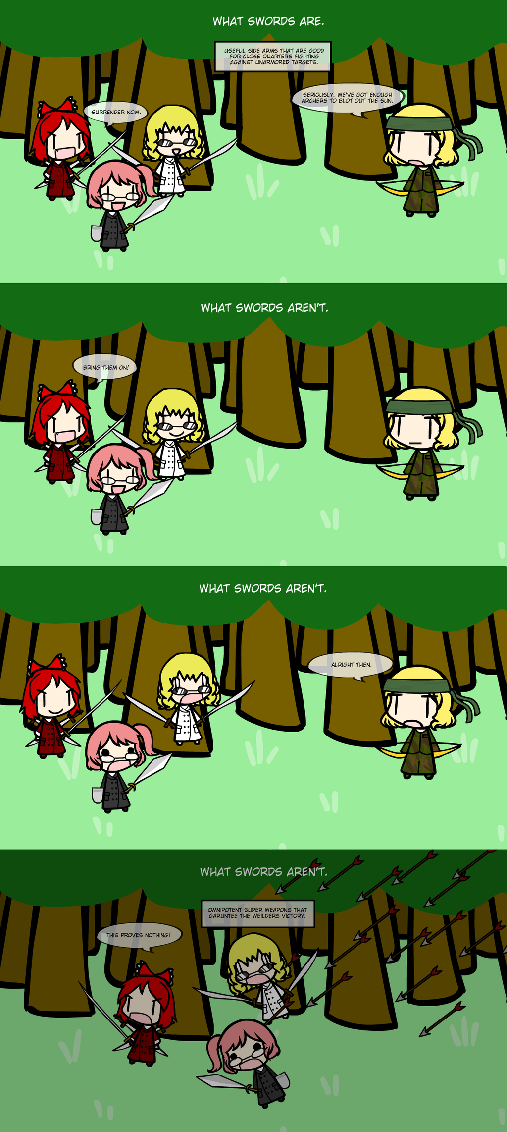 4girls 4koma ammunition arrow bloodykangaroo bow_(weapon) chibi comic english forest jenny_diesalot original sarah_mcknight sword walfas weapon