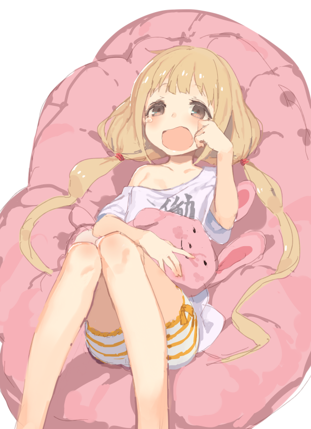 1girl blonde_hair brown_eyes futaba_anzu idolmaster idolmaster_cinderella_girls izumi_sai long_hair open_mouth solo stuffed_animal stuffed_bunny stuffed_toy twintails