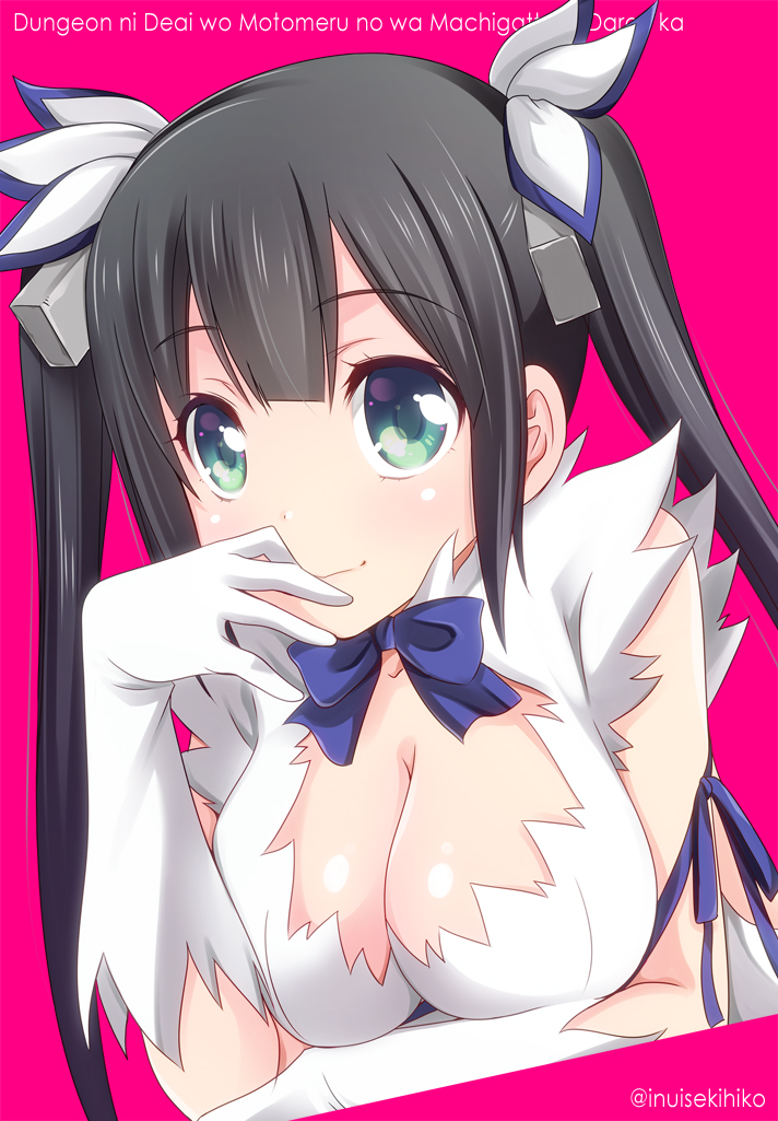 1girl black_hair blush bow breasts cleavage cleavage_cutout dress dungeon_ni_deai_wo_motomeru_no_wa_machigatteiru_darou_ka gloves green_eyes hair_ornament hand_on_own_face hand_to_own_mouth hestia_(dungeon) inui_sekihiko large_breasts long_hair pink_background ribbon short_dress simple_background smile solo twintails white_dress white_gloves