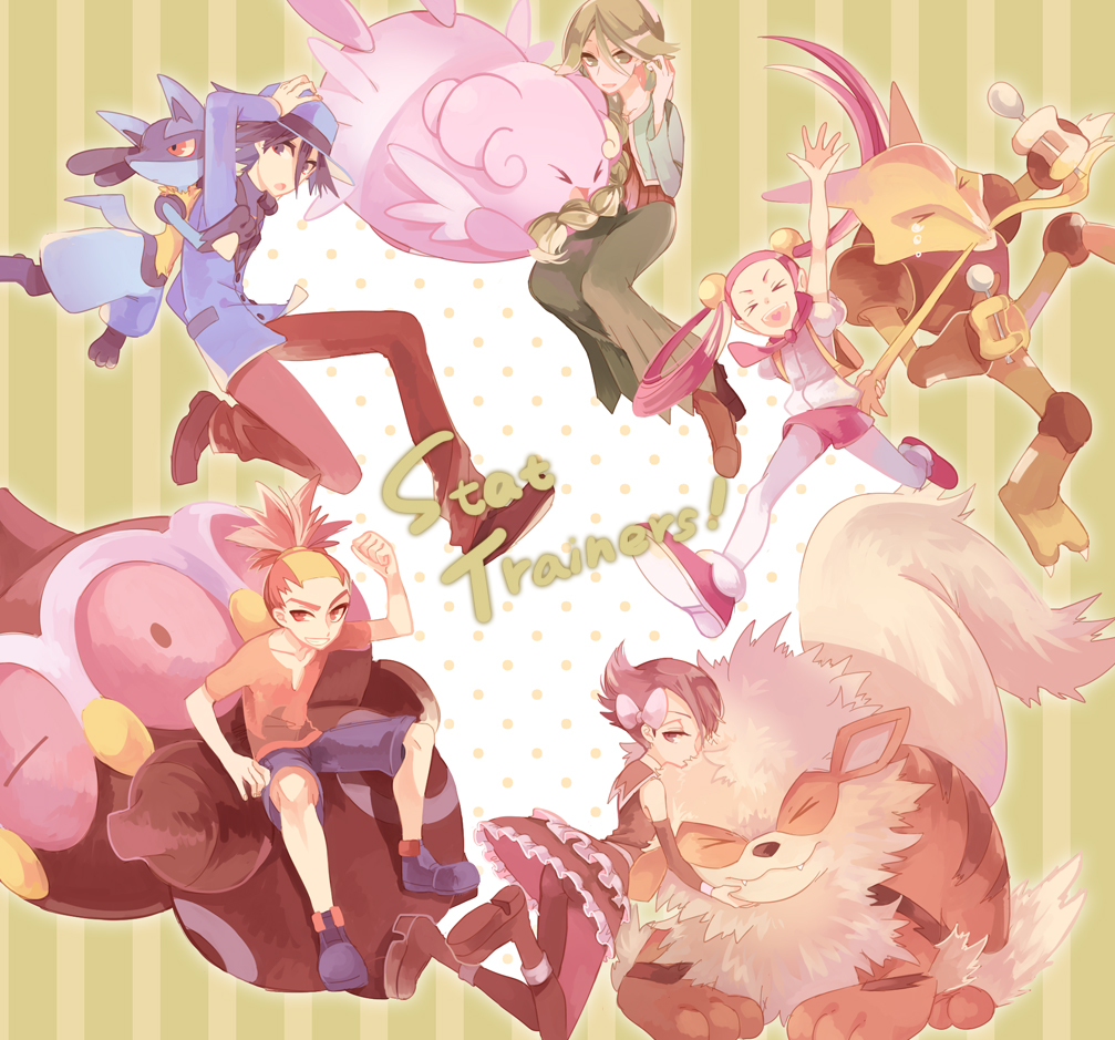 2boys 3girls alakazam arcanine baku_(pokemon) black_hair black_legwear blissey bow braid claydol gen_(pokemon) gothic_lolita green_hair hair_bow hair_rings hat huan_li lolita_fashion lucario mai_(pokemon) miru_(pokemon) momi_(pokemon) multicolored_hair multiple_boys multiple_girls pantyhose pink_hair pokemon pokemon_(creature) pokemon_(game) pokemon_dppt short_hair striped striped_background two-tone_hair