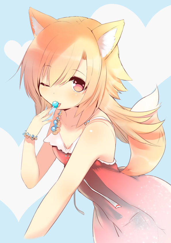 1girl akane_(naomi) animal_ears blonde_hair blue_background bracelet candy cropped dress fox_ears fox_tail heart heart_background jewelry licking long_hair looking_at_viewer naomi_(sekai_no_hate_no_kissaten) one_eye_closed original pink_eyes solo tail tongue tongue_out