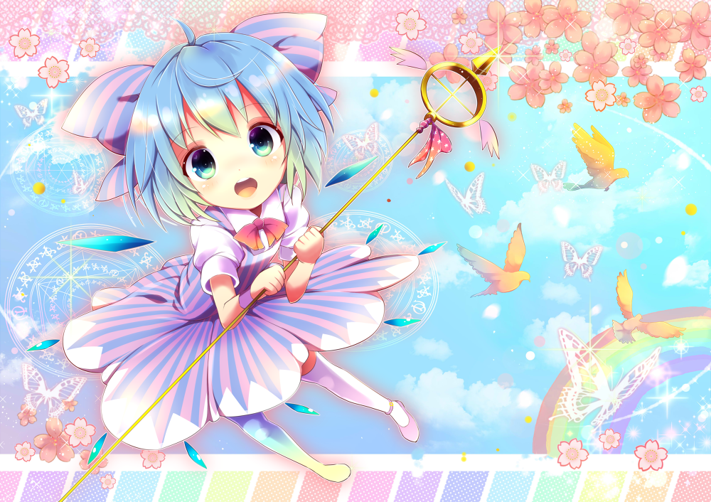 1girl alternate_costume bird blue_eyes blue_hair bow butterfly cirno dress hair_bow ice ice_wings magic_circle magical_girl open_mouth polearm puffy_short_sleeves puffy_sleeves rainbow shirt short_sleeves smile solo striped striped_dress thigh-highs touhou uta_(kuroneko) weapon white_legwear wings zettai_ryouiki