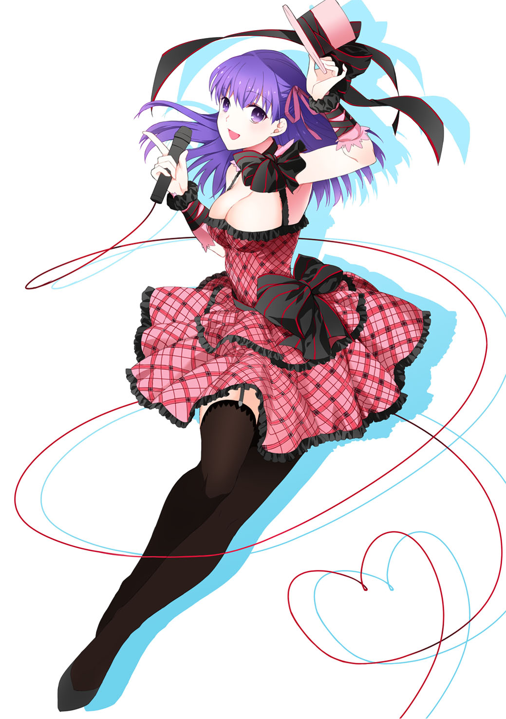 1girl breasts cleavage dress fate/stay_night fate_(series) garter_straps hair_ribbon hat heart heart_of_string highres large_breasts long_hair matou_sakura microphone purple_hair ribbon solo thigh-highs top_hat violet_eyes ycco_(estrella)