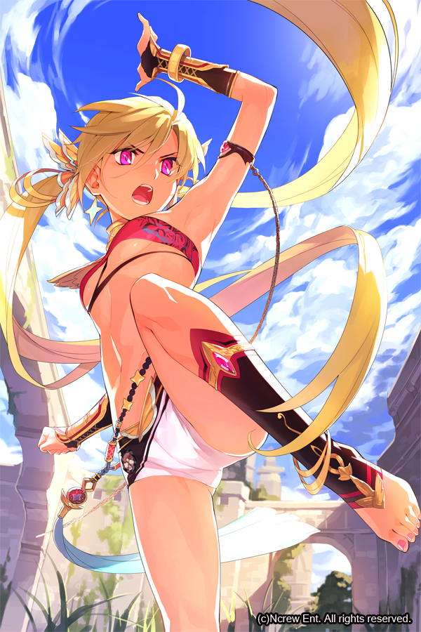 1girl arm_up armlet armpits bandeau black_legwear blonde_hair blue_sky bracelet breasts earrings feet from_below gloves hair_between_eyes hair_ornament jewelry leg_lift long_hair mansu midriff navel open_mouth outstretched_arms pink_eyes short_shorts shorts sky small_breasts solo toeless_legwear toenail_polish twintails under_boob very_long_hair watermark