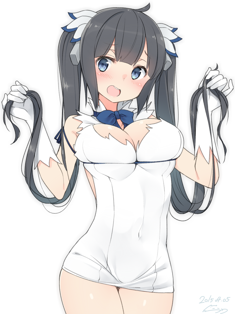 1girl black_hair blue_eyes blush bow breasts cleavage cleavage_cutout covered_navel dress dungeon_ni_deai_wo_motomeru_no_wa_machigatteiru_darou_ka gloves hair_ornament hestia_(dungeon) large_breasts long_hair looking_at_viewer nekoume open_mouth ribbon short_dress simple_background solo twintails white_background white_dress white_gloves