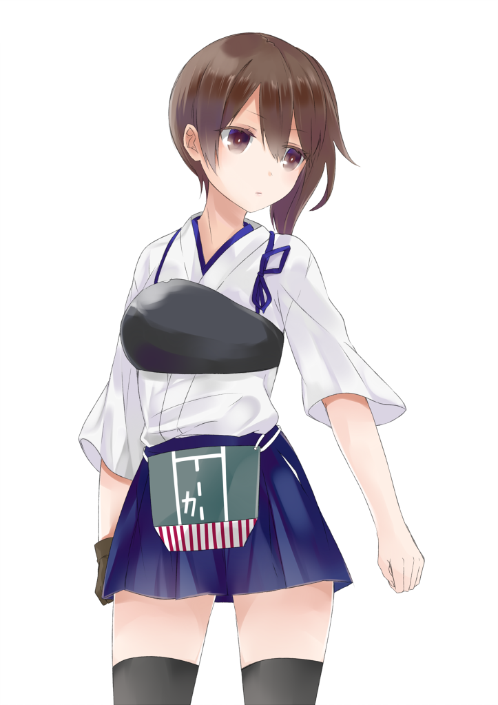 1girl brown_eyes brown_hair gloves japanese_clothes kaga_(kantai_collection) kantai_collection long_hair muneate ryunxryun side_ponytail simple_background solo