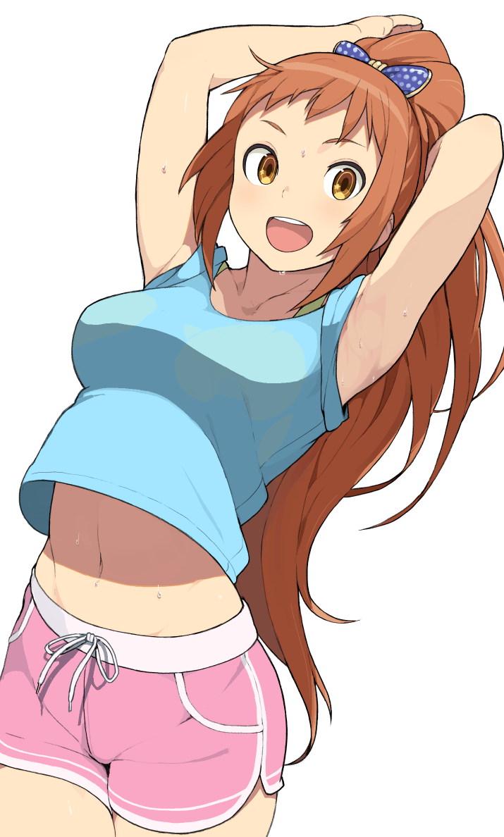 :d accho_(macchonburike) armpits arms_up bow boyshorts brown_eyes cowboy_shot hair_bow high_ponytail idolmaster idolmaster_cinderella_girls midriff navel open_mouth orange_hair short_shorts shorts simple_background smile sweat wakabayashi_tomoka white_background