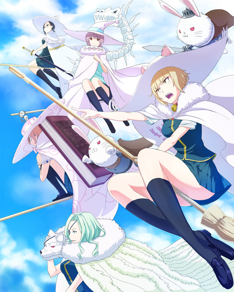 5girls :3 animal_skull bangs bell bell_collar black_hair blunt_bangs bone book broom broom_riding cape clenched_hand clouds cloudy_sky collar creature eyepatch flying fur_cape fur_collar glasses green_eyes hat jingle_bell katsura_kotetsu kazari_rin kuraishi_tanpopo light_brown_hair looking_at_viewer loup menowa_mei multiple_girls petting pink_hair pointing pointing_forward rabbit red_eyes sheath sheathed shoes sidesaddle skirt sky sword thigh-highs utsugi_kanna weapon witch witch_craft_works witch_hat yellow_eyes
